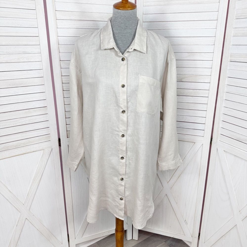 H&M Home Linen Button Up Shirt Dress Beige Tan Medium Long Sleeve‎ Beach